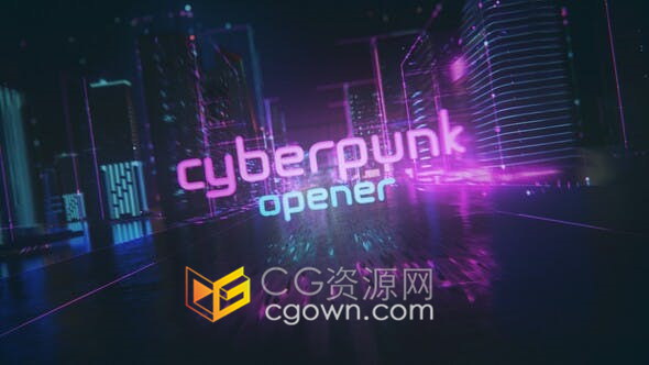 赛博朋克风夜晚城市霓虹灯广告牌科技网络游戏开场题开场片头-AE模板