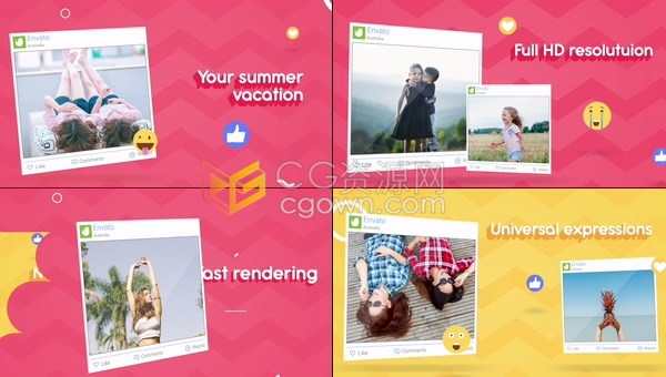 现代时尚动态多彩夏天表情社交媒体风格相册介绍视频宣传动画-AE模板下载