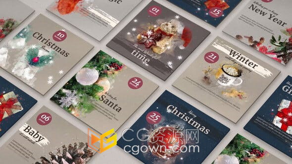 10个方形插图动画展示社交媒体节日愿望新年假期祝福电子贺卡-AE模板