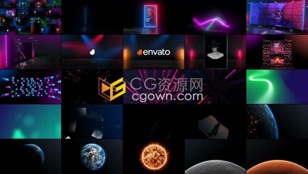 128组舞台场景背景环境LED灯光霓虹灯效果与地球太阳月亮等星球素材-AE模板下载