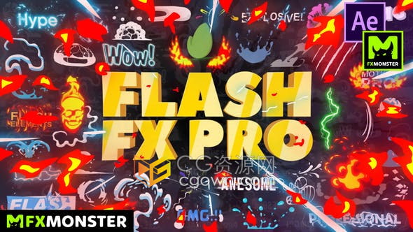 Flash FX Pro大量2D卡通火焰能量MG动画LOGO标题转场元素-视频素材+AE模板