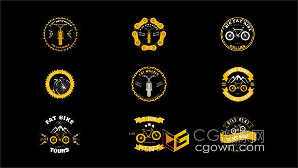 AE模板-复古风格自行车出租自行车商店公司徽章和标签动画