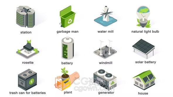 AE模板-新能源电池太阳能风能发电机绿色环保公益主题等距图标动画