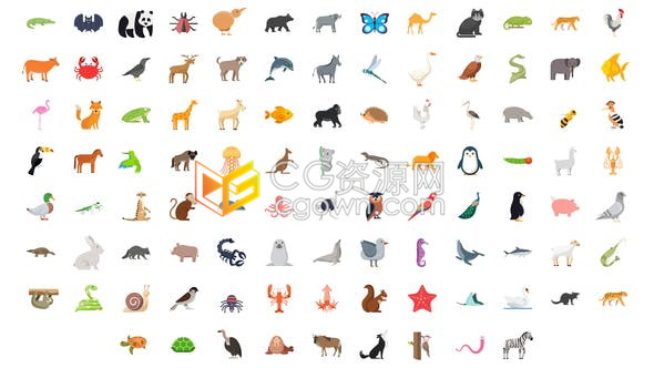 100个野生动物鸟类海洋生物鱼类昆虫图标元素免费下载-AE模板