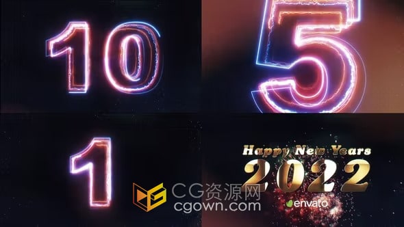 霓虹灯能量电流数字特效动画2022新年倒计时10秒倒数视频-AE模板