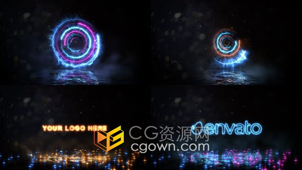 非常炫酷的霓虹灯旋转能量标志迸发彩色粒子火花动画片头-AE模板