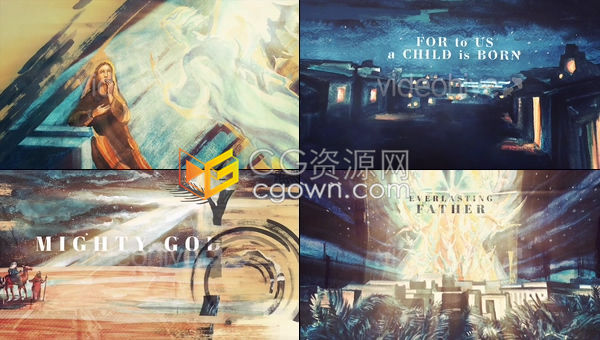 教堂圣诞节主题宣传独特立体分层油画风动态过渡精美手绘场景-AE模板