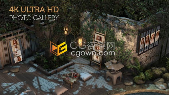 黄昏时分中式风格夜间花园展示温馨家庭相册个人写真-AE模板