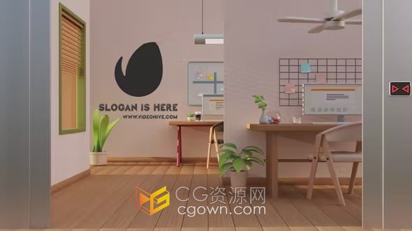 自动门对开办公室内场景背景LOGO展示动画-AE模板
