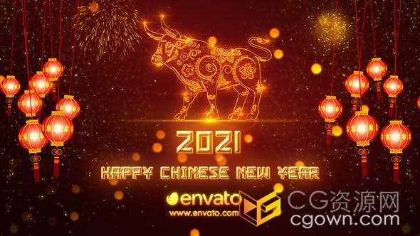 2021年新年模板牛年春节祝福金牛贺岁新春粒子片头-AE模板
