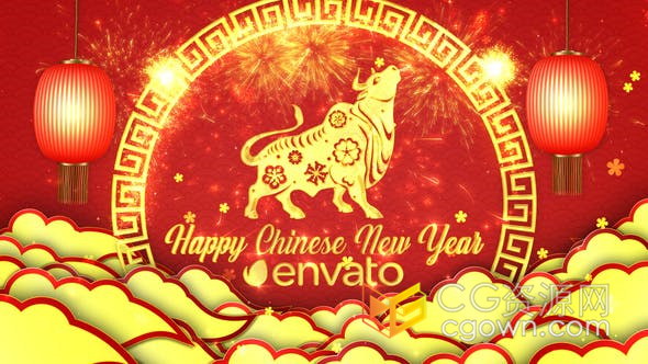 2021年新年贺卡牛年春节片头公司企业新春问候短视频-AE模板