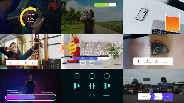30+加载条定时器微调器和电池充电百分比进度条倒计时等科技感AE模板元素