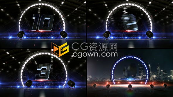3D舞台圆形荧光灯场景粒子动画倒计时十秒倒数-AE模板