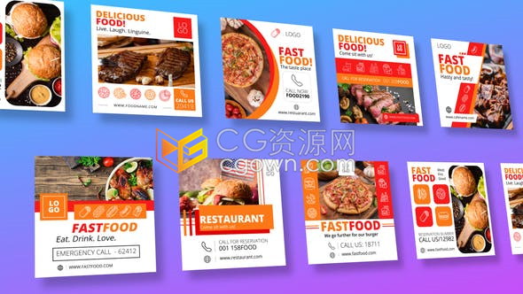 在线餐厅美食介绍健康食品配送社交媒体店铺促销宣传海报-AE模板