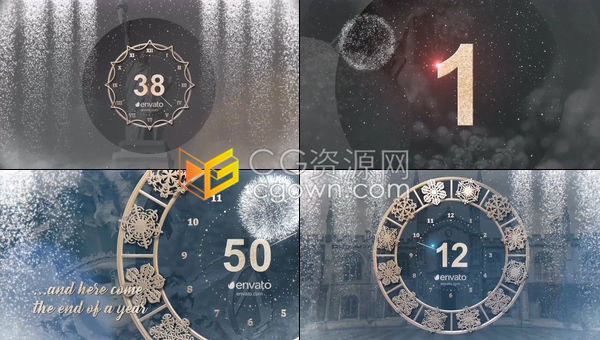 漂亮的粒子坠落漏光垂帘效果新年倒计时烟花时钟动画-AE模板下载