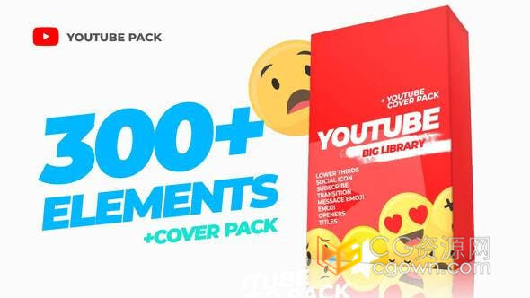 300种社交媒体平台视频包装转场效果表情符号标题字幕点赞关注设计动画包-AE模板