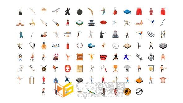 100 Martial Arts Icons 武术图标合气道格斗忍者武器体育动画-AE模板
