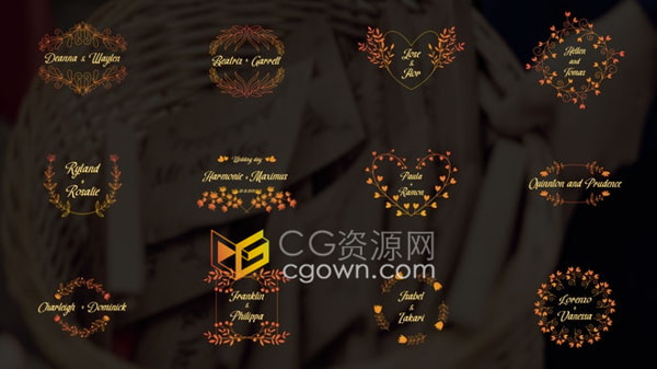 AE模板-独特小清新风格12组浪漫婚礼标题简洁花卉动画徽章文本动画