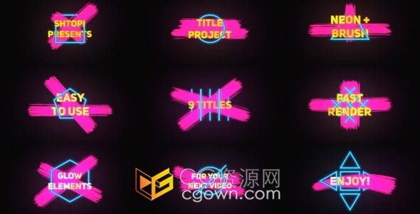 Neon Brush Titles 9款霓虹灯笔刷图形动画创意文字标题视频字幕条-AE模板