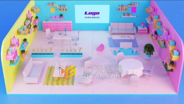 AE模板-虚拟摄像头下降移动到明亮彩色房间屏幕标志LOGO显示