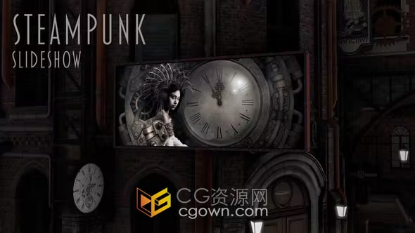 原始蒸汽朋克风格街道上全景广告牌展示动画-AE模板