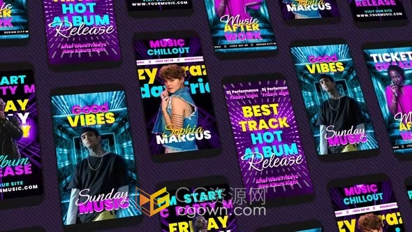 5组霓虹灯设计音乐专辑发布短视频广告动画-AE模板