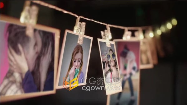 AE模板-彩灯背景映衬悬挂相框夹子照片视频相册