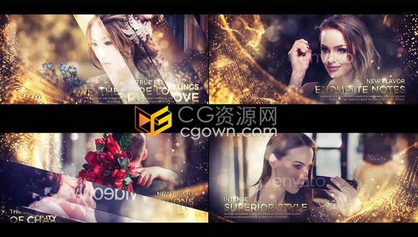 美丽迷人背景虚化金色抽象粒子演绎奢华婚礼幻灯片时尚珠宝奢侈品广告-AE模板
