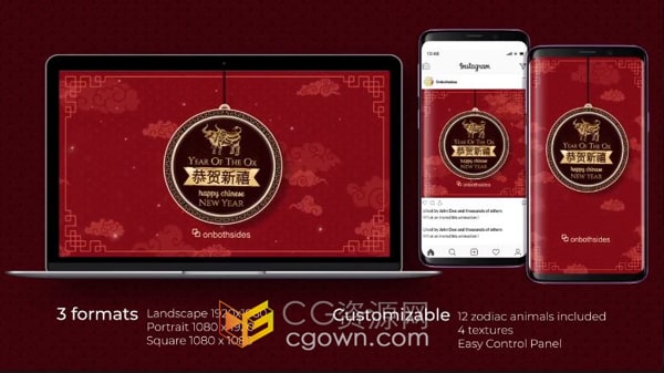 AE模板-有趣农历新年介绍喜庆片头含垂直水平和方形版本