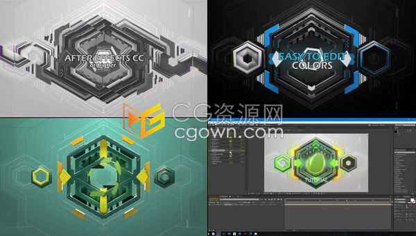 3D抽象科技感蜂窝六边形变换故障图形动画标志LOGO片头-AE模板