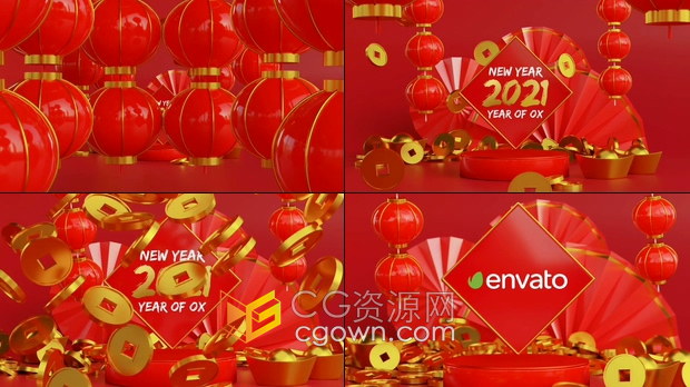 2021农历新年3D灯笼喜庆中国风贺卡宣传视频片头动画-AE模板