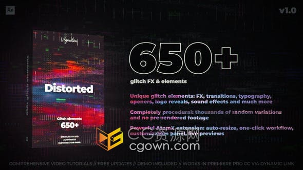 超过650+种Glitch故障效果集合闪烁位移抖动VHS像素化特效制作-AE脚本