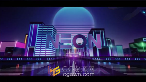 AE模板-穿越霓虹灯发光房屋的街道霓虹灯城市标志动画