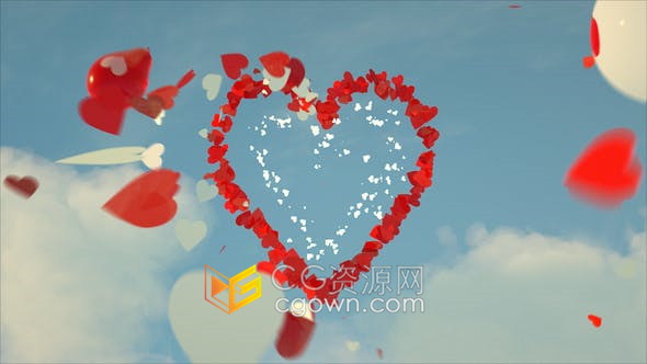 情人节动态贺卡视频制作红白色气球升空花瓣心形浪漫甜蜜宣传片头-AE模板下载