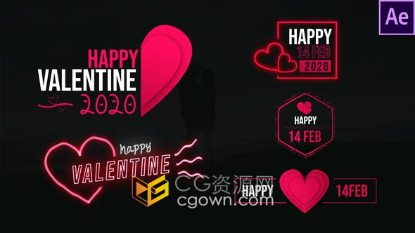 5组情人节创意文字标题视频字幕动画效果制作-AE模板