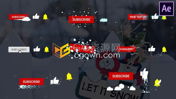 社交媒体平台关注通知铃声订阅按钮卡通雪花字幕标题元素动画-AE模板