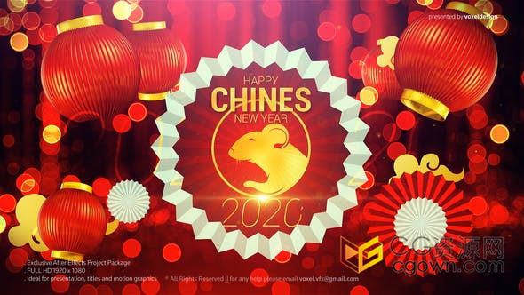 鼠年喜庆光斑散景大红灯笼黄金粒子剪纸拜年动画2020新年贺岁片头-AE模板