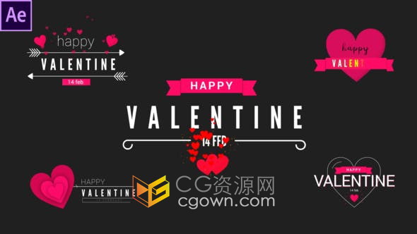 现代心型创意图形设计情人节文字标题视频字幕-AE模板