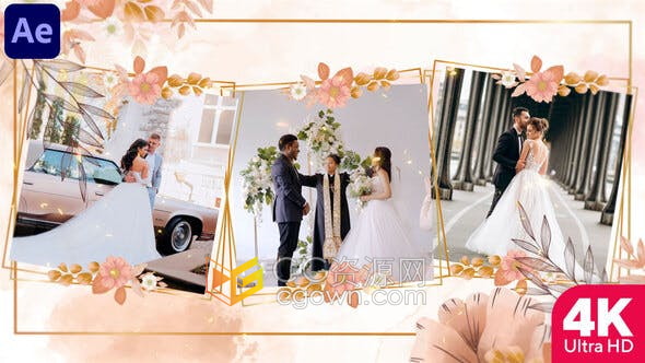 AE4K婚礼邀请幻灯片模板水彩优雅手绘花卉动画视频相册