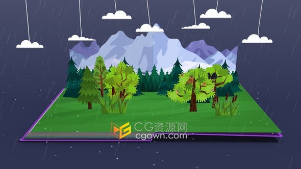 卡通动画书本翻开弹出剪纸儿童故事书介绍视频片头-AE模板