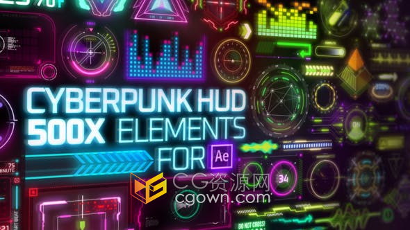 Cyberpunk HUD Elements大量霓虹灯赛博朋克科技元素动画-AE模板