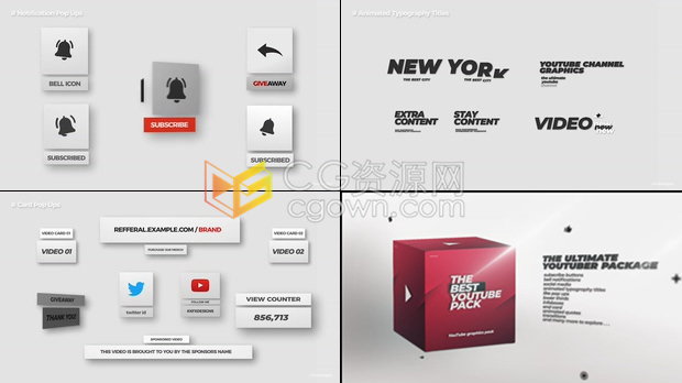社交媒体平台完整包装动画订阅按钮铃声通知弹出窗口标题信息框各种动画图形元素-AE模板