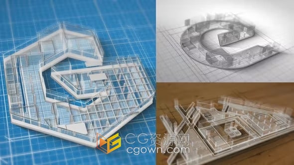 建筑场景蓝图构成绘画效果LOGO动画视频-AE模板