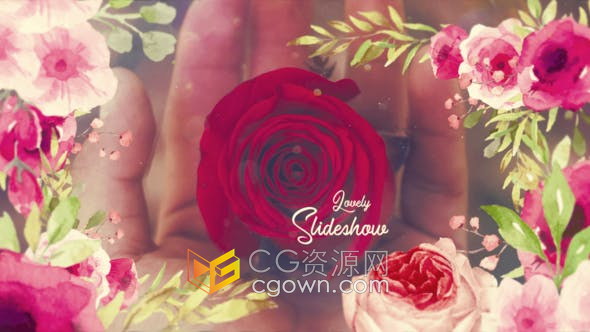 AE模板-水彩画花朵遮罩浪漫幻灯片婚礼相册照片展示动画