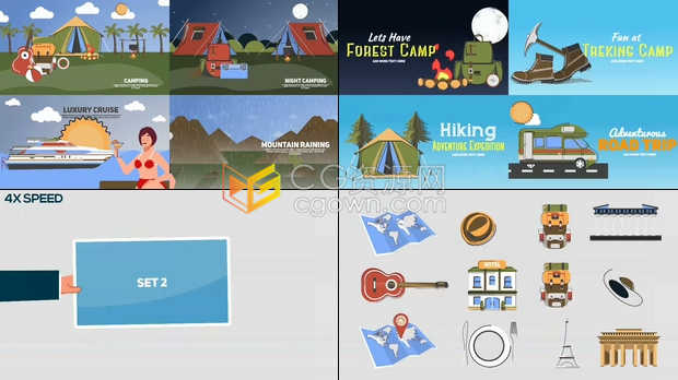 旅游行业假期推广宣传视频卡通豪华游轮滑雪冬季运动旅行介绍MG动画-AE模板下载