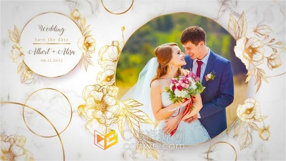 金色花纹图案装饰婚礼幻灯片照片视频相册动画-AE模板