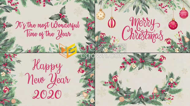 水彩画植物生长动画介绍祝福圣诞新年贺卡宣传视频片头效果-AE模板下载