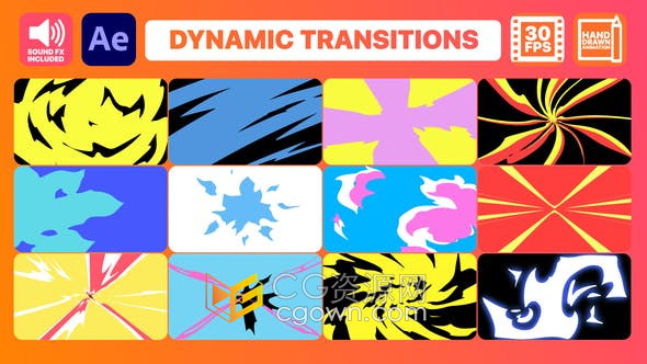 AE模板-12种卡通多彩图形动画波浪飞溅视频转场Dynamic Transitions