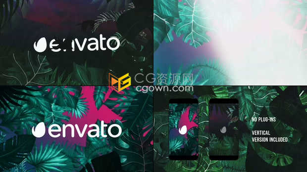 夜景热带棕榈树叶日落丛林场景LOGO视频片头包括竖屏幕效果-AE模板下载