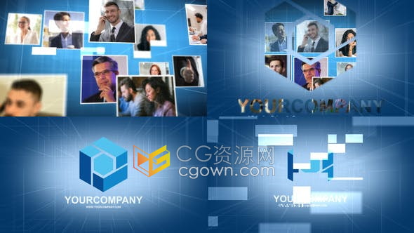 IT科技风格员工头像照片汇聚成六边形企业标志动画AE模板